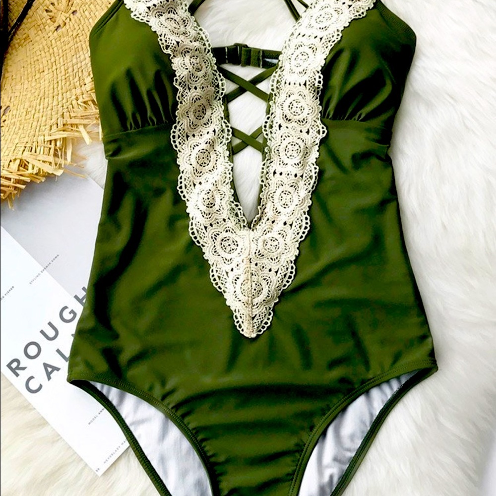 Olive green & lace one piece swimsuit